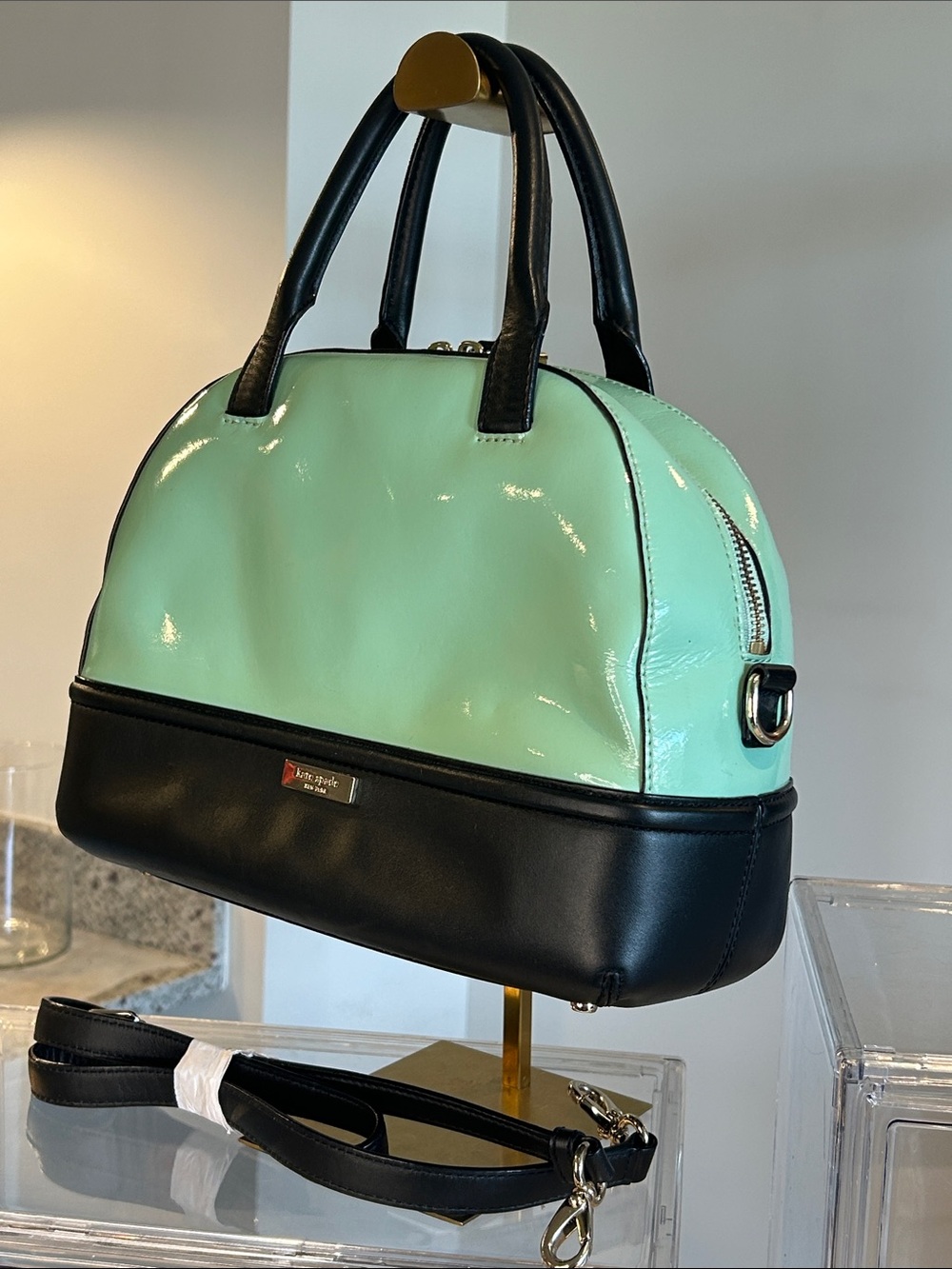 kate spade Chelsea Park Mint and Black Patent Dome Satchel 12.5”x 5”x 9.5” EUC - Picture 6 of 8